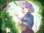  1girl animal_ears bangs basket blue_capelet capelet crystal dress grey_dress grey_hair jewelry long_sleeves mouse_ears mouse_girl mouse_tail nazrin open_mouth pendant red_eyes short_hair tail touhou yuma_(user_zuft7485) 