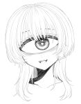  1girl :d azen_(mntimcczgrtn) bags_under_eyes cyclops eye_focus fangs greyscale highres long_hair looking_at_viewer monochrome one-eyed open_mouth original portrait simple_background smile solo white_background 