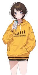  1girl absurdres bangs black_shorts blue_eyes blush brown_hair cowboy_shot drinking_straw grin hand_in_pocket highres holding hololive hood hood_down hoodie ishihara_(kuniyoshi) juice_box long_sleeves oozora_subaru print_hoodie short_hair short_shorts shorts simple_background smile solo virtual_youtuber white_background yellow_hoodie 