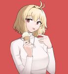  1girl antenna_hair arcueid_brunestud bangs blonde_hair breasts food hair_intakes highres holding holding_food ice_cream jewelry large_breasts long_sleeves looking_at_viewer mata_(matasoup) pendant red_background red_eyes short_hair simple_background solo tongue tongue_out tsukihime upper_body 