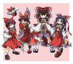  5girls amerika_zarigani ascot bangs benikurage_(cookie) black_eyes black_footwear black_hair blush boots bow breasts brown_eyes brown_footwear brown_hair closed_mouth collared_shirt commentary_request cookie_(touhou) crossed_arms detached_sleeves dress fang flat_chest footwear_bow frilled_bow frilled_hair_tubes frilled_shirt_collar frills full_body gohei hair_between_eyes hair_bow hair_tubes hakurei_reimu hand_on_hip highres kanna_(cookie) long_hair looking_at_viewer medium_breasts medium_hair minigirl multiple_girls open_mouth orange_ascot red_bow red_dress red_eyes red_footwear red_mittens red_shirt red_skirt reu_(cookie) ribbon-trimmed_sleeves ribbon_trim sakenomi_(cookie) sananana_(cookie) sarashi shirt shoes sidelocks skirt skirt_set sleeveless sleeveless_dress sleeveless_shirt slit_pupils smile socks tabi touhou triangle_mouth v-shaped_eyebrows white_footwear white_sleeves white_socks wide_sleeves yellow_ascot 