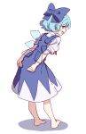  1girl absurdres barefoot blue_bow blue_dress blue_eyes blue_hair blush_stickers bow cirno dress fairy fang full_body hair_bow highres ice ice_wings kame_(kamepan44231) one-hour_drawing_challenge open_mouth puffy_short_sleeves puffy_sleeves shirt short_hair short_sleeves simple_background skin_fang smile solo touhou white_background white_shirt wings 
