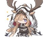  1girl animal_ears antlers antlers_through_headwear arknights banbon blue_eyes brown_hair chibi deer_antlers deer_ears deer_girl dress ears_through_headwear hair_over_one_eye hood hood_up simple_background solo sparkle viviana_(arknights) white_background white_dress 