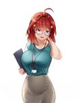  1girl :d ahoge bare_arms blue_eyes blue_shirt breasts collarbone glasses go-toubun_no_hanayome grey_skirt hair_intakes hair_ornament hand_in_own_hair highres holding large_breasts long_hair looking_at_viewer looking_over_eyewear nakano_itsuki open_mouth pencil_skirt rectangular_eyewear red-framed_eyewear redhead shiny shiny_hair shirt simple_background skirt sleeveless sleeveless_shirt smile solo standing star_(symbol) star_hair_ornament white_background zasshu 