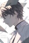 1boy artem_wing_(tears_of_themis) artist_name bangs blue_eyes brown_hair close-up collared_shirt formal highres jacket koeda_(k83_4) long_sleeves male_focus open_mouth shirt short_hair solo tears_of_themis white_jacket white_shirt 