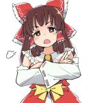  1girl =3 bangs bloomers blush bow bright_pupils brown_hair commentary_request cookie_(touhou) crossed_arms detached_sleeves frilled_bow frilled_hair_tubes frills hair_bow hair_tubes hakurei_reimu ixy kanna_(cookie) long_hair looking_at_viewer open_mouth red_bow red_eyes red_shirt shirt sidelocks simple_background sleeveless sleeveless_shirt solo touhou underwear upper_body white_background white_bloomers white_pupils white_sleeves yellow_bow 
