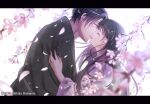  1boy 1girl absurdres artist_name black_hair blush braid cherry_blossoms couple hair_ribbon hetero highres izumi_(stardustalone) japanese_clothes kimono kiss letterboxed long_hair pink_ribbon renri_no_chigiri_wo_kimi_to_shiru ribbon upper_body 