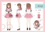  1girl :d ;d absurdres arm_up bangs blush bobby_socks breasts brown_footwear brown_hair closed_mouth collared_shirt dress_shirt english_text gloves hanasaki_aika hat high_heels highres indie_virtual_youtuber jacket long_hair looking_at_viewer medium_breasts mini_hat multiple_views one_eye_closed one_side_up open_clothes open_jacket pink_background pink_headwear pink_skirt pleated_skirt profile puffy_short_sleeves puffy_sleeves red_eyes reference_sheet shirt shoes short_sleeves skirt smile socks standing tilted_headwear two-tone_background virtual_youtuber white_background white_gloves white_jacket white_shirt white_socks yukiunag1 