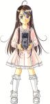  1990s_(style) 1girl aa_megami-sama ah_my_goddess ahoge buttons camera dark_hair dress earrings facial_mark forehead_mark frilled_dress frilled_socks goddess happy holding_camera leica_(camera) long_hair looking_at_viewer official_art pearl_earrings pink_dress ribbons shoes skuld smiling socks solo white_background white_shoes 