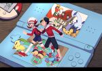  1boy 1girl backwards_hat baseball_cap black_hair black_headwear black_pants blue_overalls bow brown_eyes brown_hair cabbie_hat celebi chikorita clenched_hands closed_mouth commentary_request cyndaquil ethan_(pokemon) handheld_game_console hat hat_bow highres ho-oh jacket long_hair long_sleeves lugia lyra_(pokemon) nintendo_ds outline overalls pants pichu pikachu pokemon pokemon_(creature) pokemon_(game) pokemon_hgss pokewalker red_bow red_footwear red_jacket red_shirt shirt shoes short_hair thigh-highs totodile twintails tyako_089 unown white_headwear 