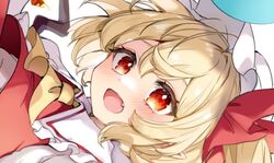  1girl ascot blonde_hair close-up collared_shirt fang flandre_scarlet hair_ribbon hat medium_hair mob_cap open_mouth paragasu_(parags112) puffy_short_sleeves puffy_sleeves red_eyes red_ribbon red_skirt red_vest ribbon shirt short_sleeves skirt solo touhou unfinished vest white_headwear white_shirt yellow_ascot 