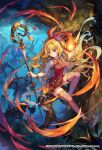  1girl 2018 2019 black_footwear blonde_hair blue_hair bracelet dress fire floating_hair forest full_body goblin gradient_hair grey_sleeves grey_thighhighs hair_intakes highres holding holding_staff jewelry long_hair magic multicolored_hair nature night orange_eyes red_dress romancing_saga_re;universe short_dress solo_focus soriya staff thigh-highs tree very_long_hair zettai_ryouiki 