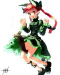  1girl :d animal_ears bangs blunt_bangs braid cat_ears cat_tail dress extra_ears hands_up kaenbyou_rin looking_at_viewer multiple_tails nekomata paw_pose polpol red_eyes redhead signature smile solo tail touhou twin_braids 