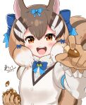  1girl acorn blue_bow blue_bowtie blush bow bowtie brown_eyes brown_gloves brown_hair brown_shirt chipmunk_ears chipmunk_girl chipmunk_tail commentary_request gloves hair_bow highres juliet_sleeves kemono_friends kemono_friends_v_project light_brown_hair long_sleeves looking_at_viewer mugichoko_(mugi_choco416) multicolored_hair multicolored_shirt open_mouth pov puffy_sleeves reaching_out shirt short_hair siberian_chipmunk_(kemono_friends) sidelocks smile solo white_hair white_shirt 