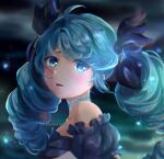  1girl ahoge bangs black_bow blue_eyes blush bow choker detached_sleeves drill_hair from_side green_background green_choker green_hair gwen_(league_of_legends) hair_bow kureko0w0 league_of_legends looking_at_viewer looking_to_the_side off_shoulder open_mouth puffy_short_sleeves puffy_sleeves short_sleeves solo twin_drills twintails watermark 