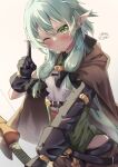  1girl ;) absurdres black_gloves blush bow_(weapon) brown_cape cape corset elf gloves goblin_slayer! green_corset green_eyes green_hair high_elf_archer_(goblin_slayer!) highres holding holding_bow_(weapon) holding_weapon index_finger_raised long_hair one_eye_closed pointy_ears shirt short_hair_with_long_locks smile solo underbust weapon white_shirt yukikawa_sara 