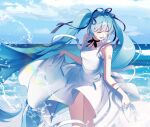  1girl absurdres bare_arms black_choker black_ribbon blue_hair blue_nails blue_sky breasts choker closed_eyes clouds cloudy_sky collarbone day dot_nose dress feet_out_of_frame fingernails floating_hair foam frilled_straps frills hair_between_eyes hair_ribbon happy hatsune_miku highres horizon kanvien laughing lens_flare light_particles long_hair motion_blur number_tattoo open_mouth outdoors ribbon ribbon_choker shiny shiny_hair shoulder_tattoo sidelighting sidelocks skirt_hold sky sleeveless sleeveless_dress small_breasts solo spaghetti_strap splashing standing striped striped_ribbon sundress tattoo teeth thigh_gap twintails upper_teeth very_long_hair vocaloid water water_drop white_dress 