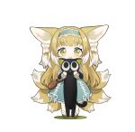  1girl animal animal_ears arknights bag black_cat blonde_hair blue_hairband blue_skirt blush brown_footwear cat chibi colored_shadow commentary fox_ears fox_girl fox_tail frilled_hairband frills full_body grey_jacket hairband highres holding holding_animal jacket long_hair long_sleeves multicolored_hair shadow shio_(7203802) shoes shoulder_bag simple_background skirt socks solo standing suzuran_(arknights) symbol-only_commentary tail two-tone_hair very_long_hair white_background white_hair white_socks 