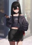 1girl bag black_hair cellphone choker collarbone day hair_between_eyes hara_kenshi highres nail_polish navel_piercing original outdoors oversized_clothes parted_lips phone piercing red_eyes smartphone solo thigh_gap wide_hips 