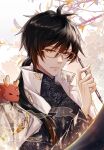  1boy bespectacled black_hair chrysos_milk earrings genshin_impact glasses hair_between_eyes high_collar highres holding holding_pen jewelry long_sleeves looking_at_viewer male_focus pen ponytail simple_background solo white_background yellow_eyes zhongli_(genshin_impact) 