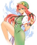  1girl absurdres blue_eyes braid chinese_clothes dress green_dress green_headwear hair_between_eyes hat hat_ornament highres hong_meiling ichizen_(o_tori) long_hair one-hour_drawing_challenge redhead shirt short_sleeves simple_background smile solo star_(symbol) star_hat_ornament touhou twin_braids white_background white_shirt 