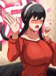  1girl arms_up bangs black_hair blush breasts closed_eyes collarbone embarrassed eyelashes fingernails flying_sweatdrops hairband highres large_breasts long_hair long_sleeves low-cut open_mouth outstretched_arm pleia_desu red_shirt shirt sidelocks slapping speed_lines spy_x_family sweat upper_body yor_briar 