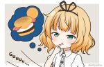  1girl black_ribbon blonde_hair blush burger chibi collared_shirt commentary_request finger_to_mouth food full_moon gochuumon_wa_usagi_desu_ka? green_eyes grey_background hair_ribbon half-closed_eyes hand_up hungry kirima_syaro mitya moon necktie parted_lips plaid_necktie puffy_short_sleeves puffy_sleeves ribbon school_uniform shirt short_sleeves solo stomach_growling twitter_username two-tone_background upper_body white_background white_shirt 