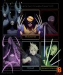  4boys 4others android armor berserk black_border blonde_hair bloodborne blue_eyes blue_gloves border brown_gloves character_name clenched_teeth closed_mouth cloud_strife count_dooku dagger energy_sword english_text facial_hair femto_(berserk) final_fantasy final_fantasy_vii gloves griffith_(berserk) hand_up helmet highres holding holding_dagger holding_lightsaber holding_weapon hollow_eyes hollow_knight hood hood_up horns knife lightsaber lipstick looking_at_viewer makeup male_focus mantis_lord_(hollow_knight) marvel mask max58art mergo&#039;s_wet_nurse multiple_boys multiple_others no_humans pauldrons purple_theme red_eyes shoulder_armor single_pauldron six_fanarts_challenge solo spiked_horns spiky_hair star_wars stubble sword teeth upper_body weapon wings wolverine x-men 