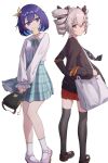  2girls absurdres bag bangs blue_eyes blue_hair bow bowtie bronya_zaychik bronya_zaychik_(wolf&#039;s_dawn) brown_footwear casual commentary_request crossed_bangs drill_hair food food_in_mouth frilled_sleeves frills grey_eyes grey_hair hair_bow hair_ornament handbag highres honkai_(series) honkai_impact_3rd jacket kuo_(kuo114514) loafers long_hair long_sleeves looking_at_another messenger_bag miniskirt mouth_hold multicolored_hair multiple_girls pleated_skirt polka_dot polka_dot_bow red_skirt seele_vollerei shirt shoes shoulder_bag simple_background skirt smile socks standing thigh-highs toast toast_in_mouth twin_drills two-tone_hair white_background white_footwear white_shirt 