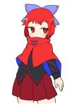  1girl black_shirt blue_bow blush bow cloak cowboy_shot hair_bow ini_(inunabe00) long_sleeves pleated_skirt red_cloak red_eyes red_skirt redhead sekibanki shirt short_hair simple_background skirt solo touhou white_background 