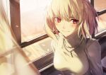  1girl antenna_hair arcueid_brunestud bangs blonde_hair blush breasts closed_mouth commentary_request day hair_intakes highres jewelry large_breasts light_particles light_rays long_sleeves looking_at_viewer melty_blood necklace red_eyes satsuki_(satsuki_art) short_hair smile solo sunlight sweater tsukihime tsukihime_(remake) turtleneck type-moon upper_body white_sweater window 