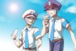  2boys belt blue_necktie bottle brothers brown_belt casteliacone clouds collared_shirt commentary_request day dress_shirt dripping emmet_(pokemon) food grey_eyes grey_hair hat highres holding holding_bottle hot ice_cream ingo_(pokemon) long_sideburns male_focus mizuiro123 multiple_boys necktie no_coat open_mouth outdoors pants peaked_cap pokemon pokemon_(game) pokemon_bw shirt short_hair short_sleeves siblings sideburns sky smile sun sweat water_bottle white_headwear white_pants white_shirt 
