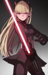  1girl am_(star_wars) bangs black_hairband black_skirt blonde_hair breasts energy_sword gloves hairband highres holding jourd4n lightsaber long_hair medium_breasts skirt solo star_wars star_wars:_visions sword v-shaped_eyebrows violet_eyes weapon 