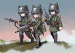  3girls absurdres animal_ear_headwear backpack bag boots commission day english_commentary erica_(naze1940) fog full_body germany gun handgun helmet highres holding holding_gun holding_weapon long_hair long_sleeves machine_gun military multiple_girls open_mouth original outdoors parted_lips pouch rifle second-party_source skull_and_crossbones teeth upper_teeth walking weapon wolf 