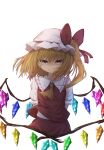  1girl absurdres blonde_hair closed_mouth collared_shirt flandre_scarlet frilled_shirt_collar frills hat hat_ribbon highres looking_at_viewer medium_hair mob_cap multicolored_wings puffy_short_sleeves puffy_sleeves red_eyes red_ribbon red_skirt red_vest ribbon shirt short_sleeves side_ponytail simple_background skirt smile solo touhou vest white_background white_headwear white_shirt wings zakkuru_(zacky424) 