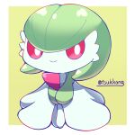  1girl artist_name bangs bob_cut border chibi closed_mouth colored_sclera colored_skin commentary_request flat_chest full_body gardevoir green_hair green_skin happy highres legs_together looking_to_the_side multicolored_skin outside_border own_hands_together pokemon pokemon_(creature) red_sclera shiny shiny_hair short_hair signature simple_background smile solo split_mouth standing tsukkon twitter_username two-tone_skin v_arms white_border white_eyes white_skin yellow_background 