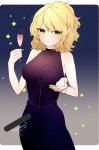  1girl alternate_costume bangs black_dress blonde_hair blush bracelet breasts champagne_flute closed_mouth commentary_request commission cowboy_shot cup dress drinking_glass green_eyes green_nails highres holding holding_cup jewelry looking_at_viewer medium_breasts medium_hair mizuhashi_parsee necono_(nyu6poko) pointy_ears skeb_commission sleeveless sleeveless_dress smile solo touhou 
