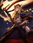  1girl armor armored_dress blonde_hair blue_capelet breastplate capelet distr dungeons_and_dragons hair_ornament halberd highres holding holding_polearm holding_weapon long_hair looking_at_viewer parted_lips pointy_ears polearm solo standing violet_eyes weapon 