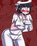  1girl azazel_(helltaker) black_hair blue_eyes blush breasts collared_shirt crazy_agong gloves halo helltaker highres holding holding_notebook large_breasts looking_at_viewer notebook notepad pants shirt short_hair solo white_gloves white_pants white_shirt 