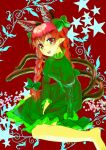  1girl :d animal_ears bow braid cat_ears cat_tail dress hair_bow highres kaenbyou_rin looking_at_viewer multiple_tails nekomata pointy_ears polpol red_background red_eyes redhead smile solo star_(symbol) tail touhou twin_braids 