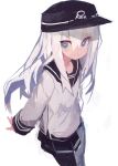  1girl absurdres anchor_symbol black_headwear black_sailor_collar black_skirt black_thighhighs blue_eyes closed_mouth flat_cap hair_between_eyes hat hibiki_(kancolle) highres kaamin_(mariarose753) kantai_collection long_hair long_sleeves sailor_collar school_uniform serafuku simple_background skirt solo thigh-highs white_background white_hair 