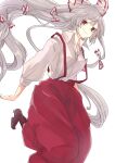  1girl azpainter_(medium) baggy_pants bangs boots bow brown_footwear closed_mouth collared_shirt commentary door_(honto_honto1909) foot_out_of_frame fujiwara_no_mokou grey_hair hair_bow high_heel_boots high_heels highres long_hair long_sleeves looking_at_viewer pants red_bow red_eyes red_pants shirt simple_background smile solo split_mouth suspenders touhou two-tone_bow very_long_hair white_background white_bow 