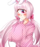  1girl animal_ears azen_(mntimcczgrtn) blush bow closed_mouth cyclops gradient_hair hair_bow heart heart_in_eye long_hair long_sleeves looking_at_viewer multicolored_hair one-eyed original pajamas pink_bow pink_hair pink_pajamas rabbit_ears simple_background solo symbol_in_eye twintails very_long_hair white_background 