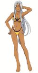 aa_megami-sama ah_my_goddess bangles barefoot brown_swimsuit cleavage dark-skinned_female eyebrows facial_mark flowing_hair forehead_mark goddess jewlery legs_apart official_art standing swimsuit thighs urd white_background white_hair woman