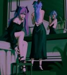  2girls bangs bare_shoulders black_dress blue_hair closed_mouth dress ganyu_(genshin_impact) genshin_impact highres horns keqing_(genshin_impact) lyxmai mirror multiple_girls purple_hair strappy_heels twintails 