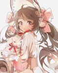  1girl animal animal_ears arknights bonnet bow brown_hair dress eyjafjalla_(arknights) hair_bow highres holding holding_animal horns latutou1 lips long_hair long_sleeves looking_at_viewer pink_bow pink_eyes sheep sheep_ears sheep_girl sheep_horns simple_background solo upper_body white_background white_dress white_headwear 