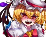  1girl ascot blonde_hair close-up collared_shirt fangs flandre_scarlet frilled_shirt_collar frills hair_between_eyes hat hat_ribbon highres laevatein_(touhou) looking_at_viewer mob_cap multicolored_wings open_mouth puffy_short_sleeves puffy_sleeves red_eyes red_ribbon red_vest ribbon shirt short_sleeves simple_background solo teeth touhou twitter_username vest white_background white_headwear white_shirt wings yellow_ascot youto_ekakiaka 