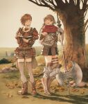  1boy 1girl ankle_boots armor autumn_leaves axe bangs belt belt_pouch boobplate book boots bow bowtie braid brown_eyes brown_footwear brown_hair brown_jacket brown_shorts brown_thighhighs bush carrying carrying_under_arm chest_belt clear_sky collared_shirt commentary crown_braid day eye_contact faulds full_body gauntlets glasses grass greaves hatching_(texture) headwear_removed helm helmet helmet_removed highres holding holding_axe holding_book holding_helmet horizon ivy jacket juliet_sleeves kuroimori long_hair long_sleeves looking_at_another open_mouth original outdoors pouch puffy_sleeves red_bow red_bowtie red_scarf rock round_eyewear scarf shadow shirt short_hair shorts side_braid signature sky smile standing suspender_shorts suspenders symbol-only_commentary thigh-highs thigh_strap tree twin_braids 