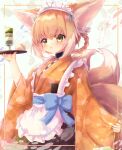  1girl absurdres alternate_costume animal_ears apron arknights bangs blonde_hair blue_bow blush bow braid brown_eyes brown_kimono checkered_clothes checkered_kimono chrocatz commentary_request enmaided fox_ears fox_girl fox_tail frilled_apron frills hair_between_eyes hair_rings highres holding holding_tray japanese_clothes kimono long_sleeves looking_at_viewer maid maid_headdress multicolored_hair parted_lips pinching_sleeves revision sleeves_past_wrists solo suzuran_(arknights) tail tray twin_braids two-tone_hair unmoving_pattern wa_maid white_apron white_hair wide_sleeves 