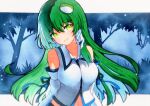  1girl bare_shoulders collarbone detached_sleeves frog_hair_ornament green_eyes green_hair hair_between_eyes hair_ornament highres japanese_clothes kochiya_sanae long_hair navel nontraditional_miko open_mouth qqqrinkappp ribbon-trimmed_sleeves ribbon_trim smile snake_hair_ornament solo touhou traditional_media upper_body white_sleeves wide_sleeves 